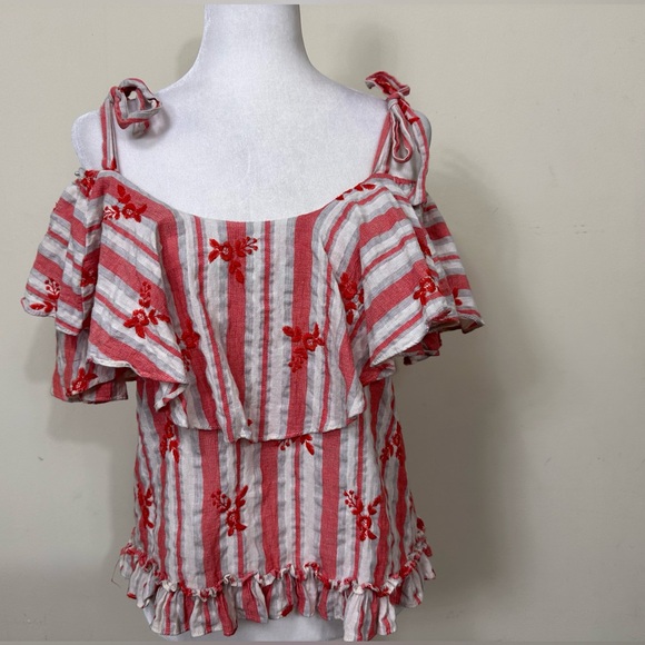 EUC MISA LA White Red Stripes Off Shoulder Tie Straps Oversize Collar Pullover L - Picture 9 of 12